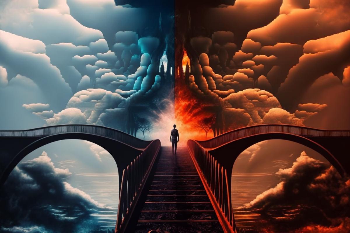 Bridge between heaven and hell. A man is standing in the middle of the bridge. Bright very saturated colors. Professional photography. High detail.