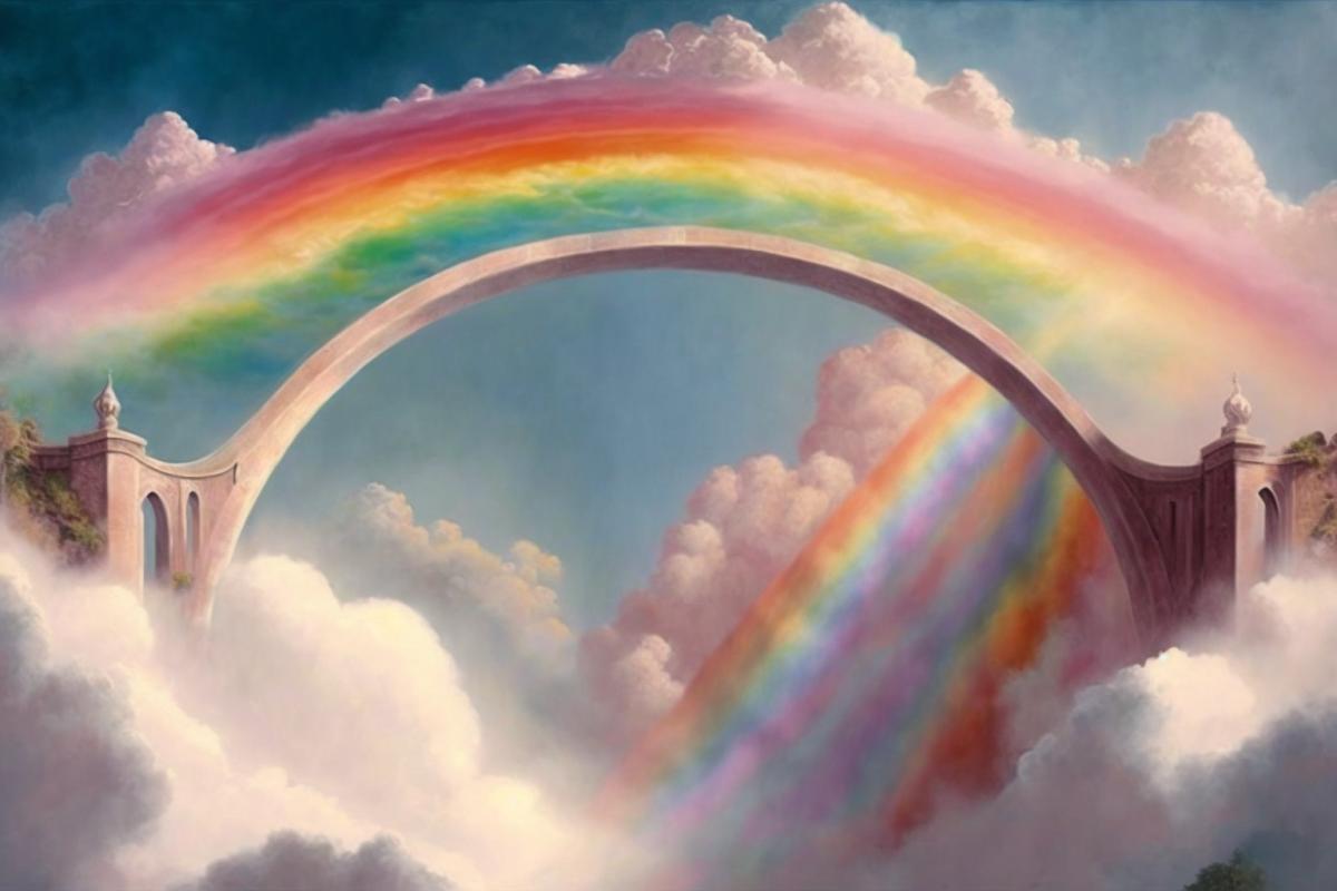 A seven-color bridge quickly rose above the ground in an arc, the top rested on the clouds. Whats in the sky? Rainbow