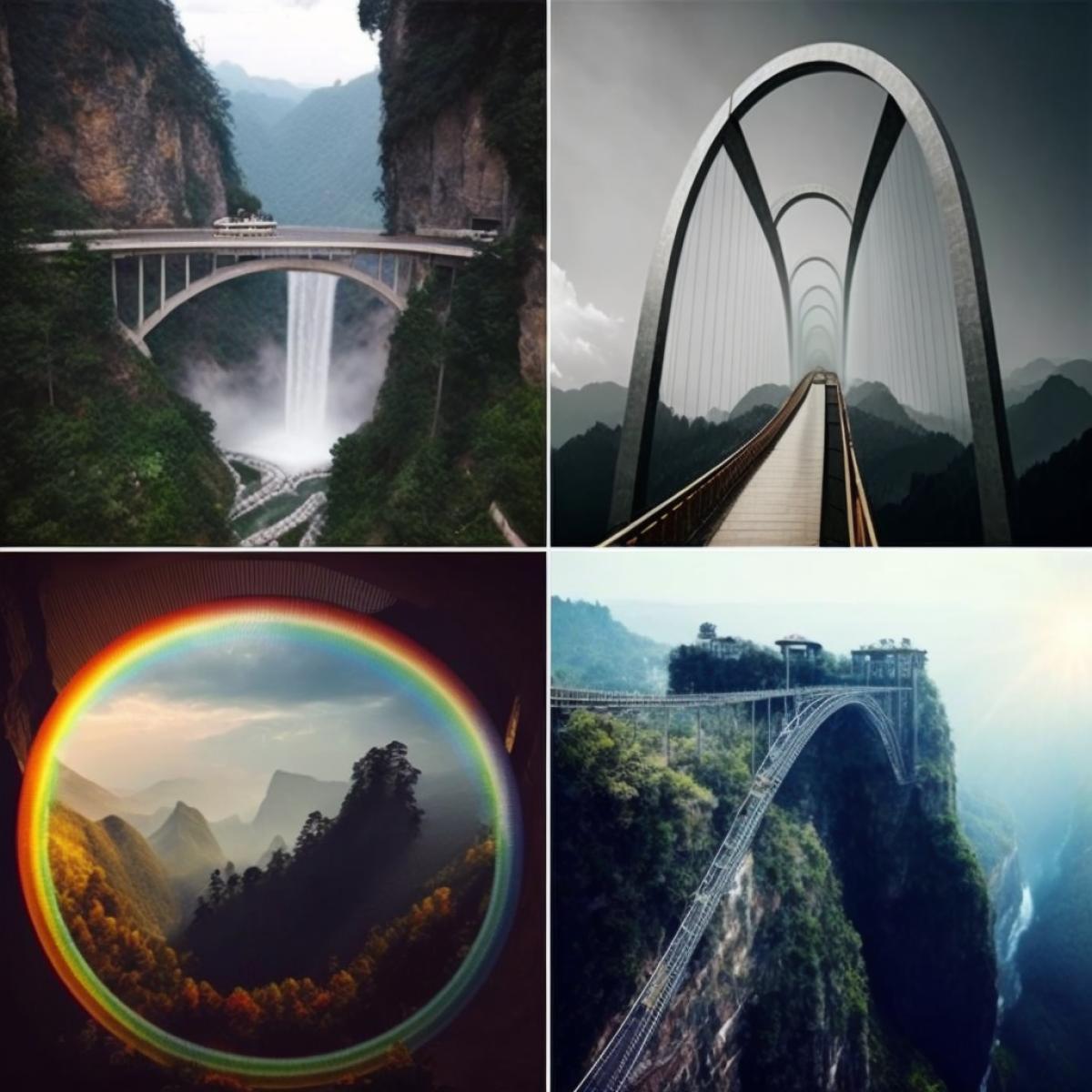 Heavenly bridge with a circular waterfall in China, a glass bridge, a glass round viewing platform over the gorge, water flows vertically down the platform, a rainbow in the gorge, a three-quarter side view