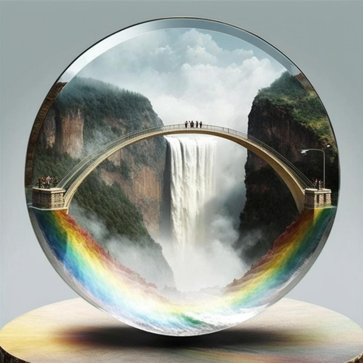 Heavenly bridge with a circular waterfall in China, a glass bridge, a glass round viewing platform over the gorge, water flows vertically down the platform, a rainbow in the gorge, a three-quarter side view