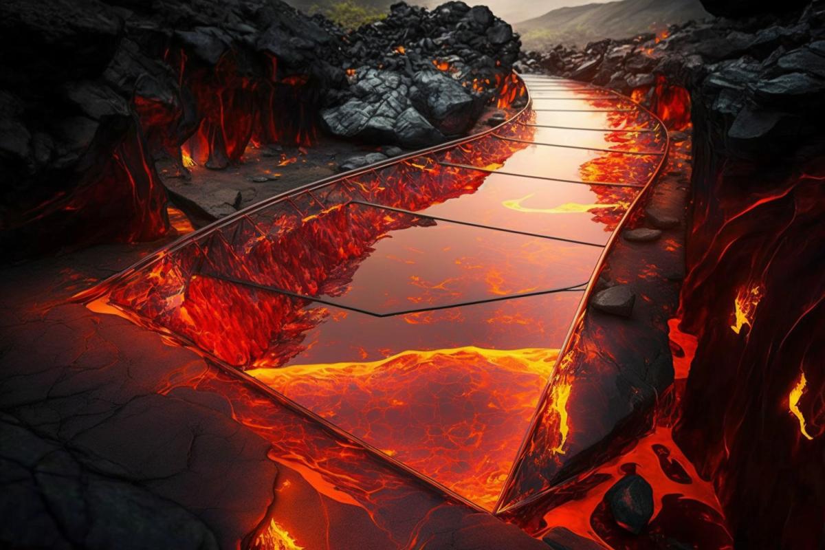 Beautiful glass bridge over the lava river