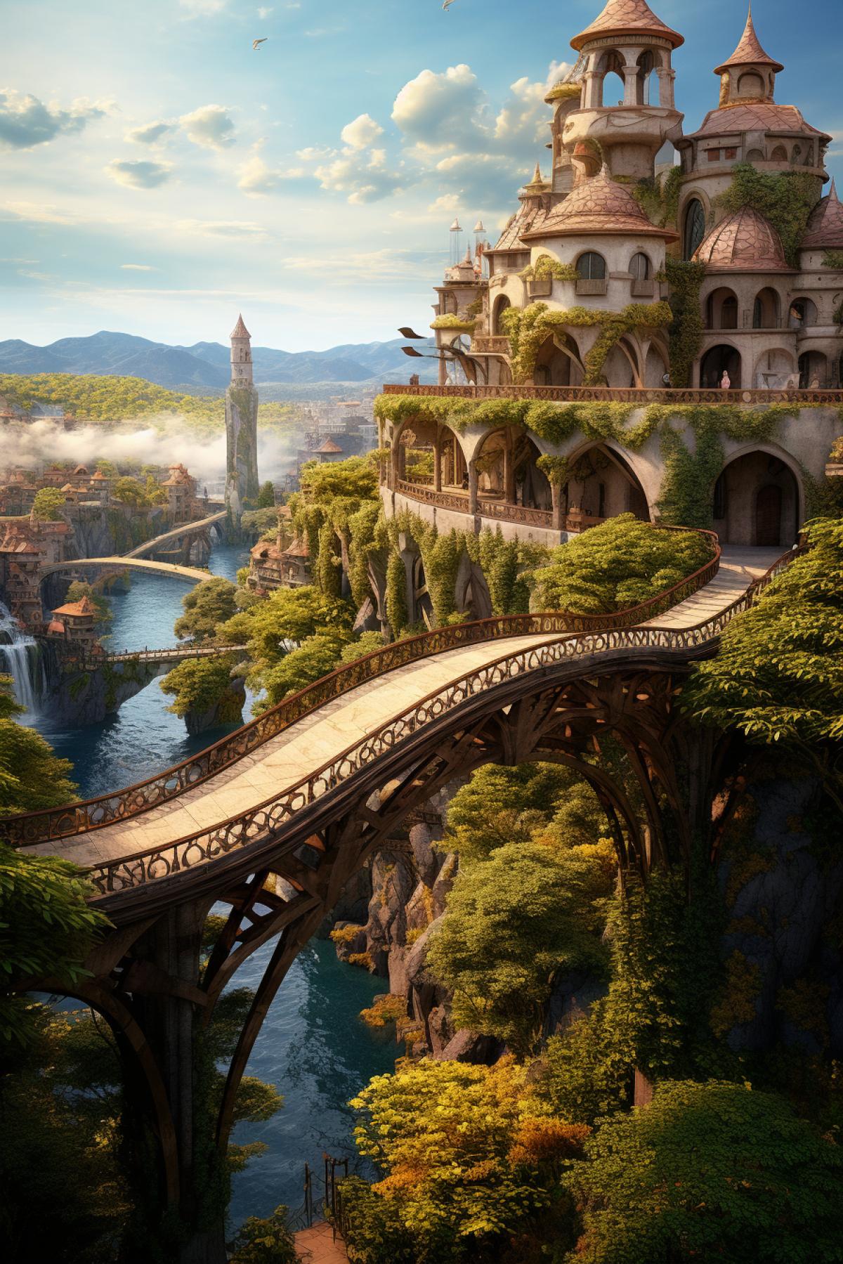 a fantasy world, with a bridge and building, in the style of nature-inspired art nouveau, focus stacking, urbancore, 32k uhd, wood, neo-renaissance, terraced cityscapes
