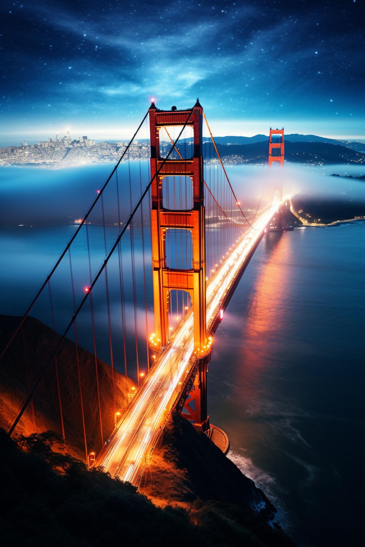 Photography, looking down at the Golden Gate Bridge covered in thick fog, Milky Way Galaxy