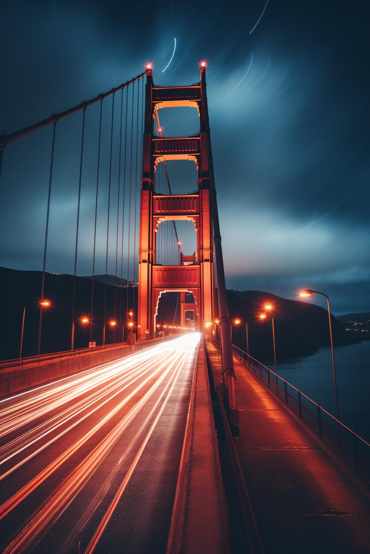 A photograph of the Golden Gate Bridge, taken with long exposure to capture the movement of cars and people. insane details, horror setting, 8k, photography, Sony Alpha, Canon 5D, Fujifilm xt100