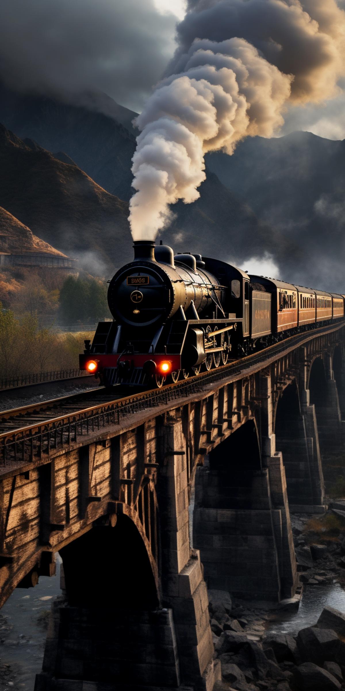 A classic steam train is making its way across a towering railway bridge, backdropped by a dramatic mountain range, in the style of gothic dark and ornate, smokey background, timeless nostalgia, silhouette lighting, I cant believe how beautiful this is, National Geographic photo, noir comic