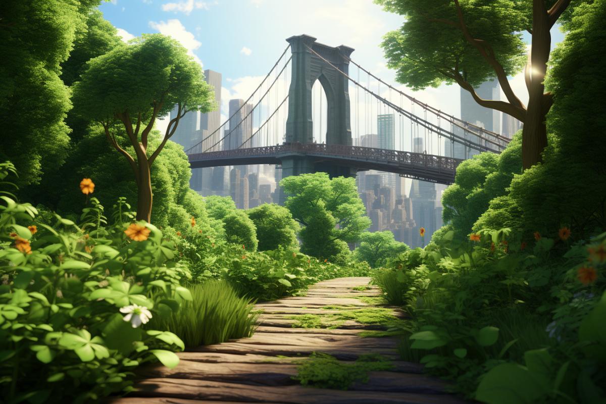 Pixar Cartoon lush mystical forest, green leafy vegetation, Brooklyn Bridge, hyper realistic, hyper detailed, 3-Dimensional Pixar Cartoon 16k