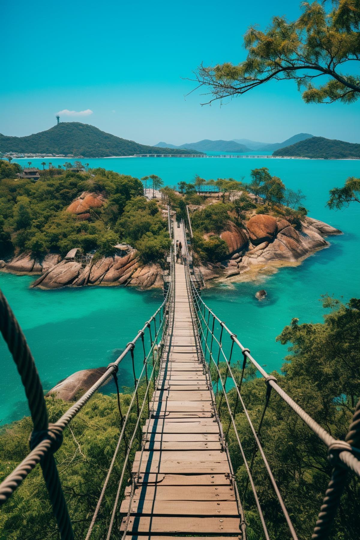 The annual travel to Ko Samui, a suspension bridge in the jungle of ko samui, nature photography, cinematic, high definition,