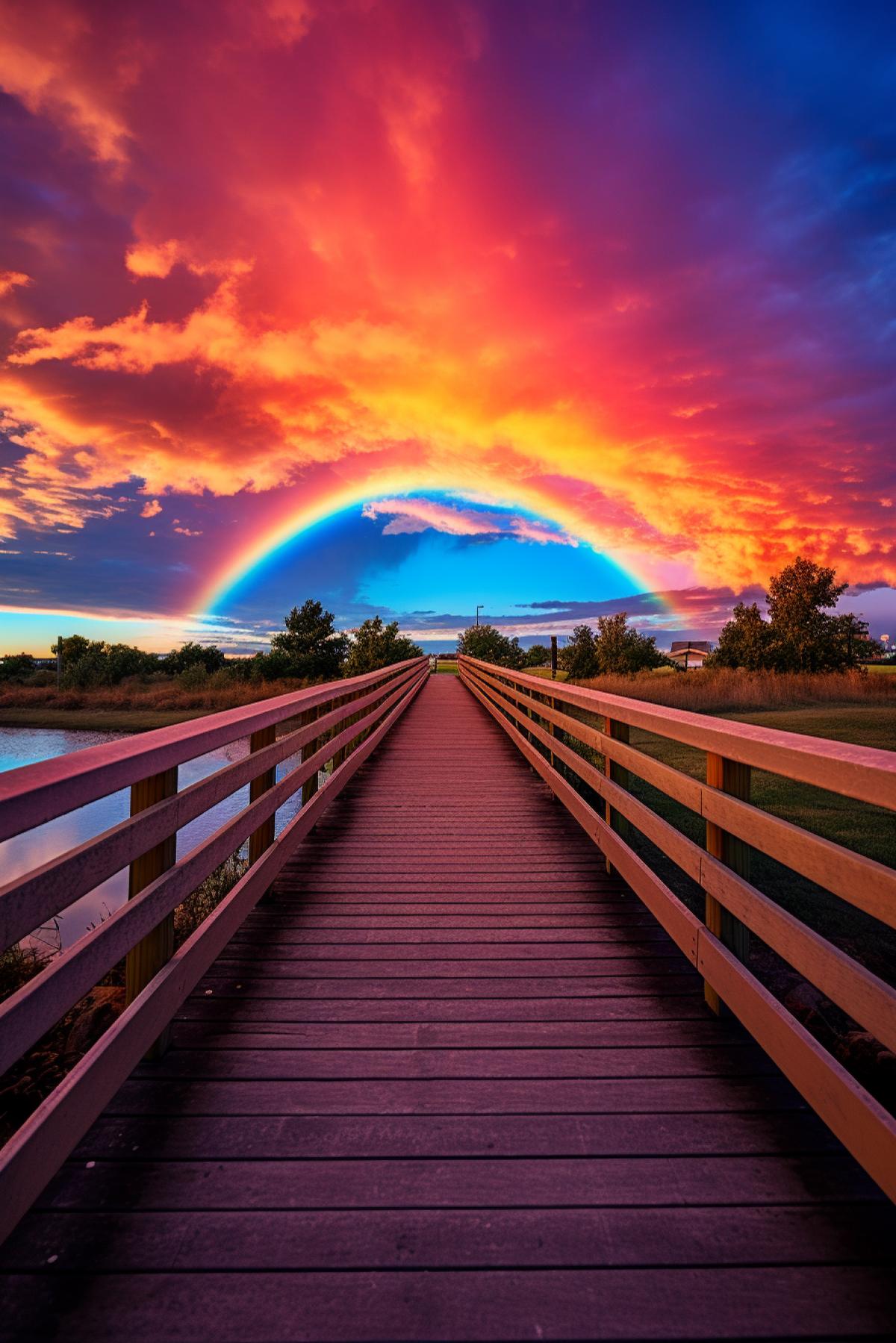 a rainbow over a bridge in blue sky at sunset, boardwalk, in the style of calming symmetry, light crimson and dark, tokina at-x 11-16mm f/2.8 pro dx ii, coastal scenes, saturated pigment pools, purple and orange, luminous scenes ar 2:3