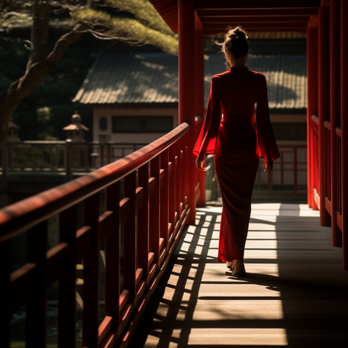 Herb Ritts style photograph of woman on red bridge of Shomyoji Temple + q4 + HD 16k + soft shadows + afternoon light + lateral focal light on bridge + volumetric lighting + back light + cinematic lighting + subsurface scattering + Sony Alpha α7, ISO1900, Leica M