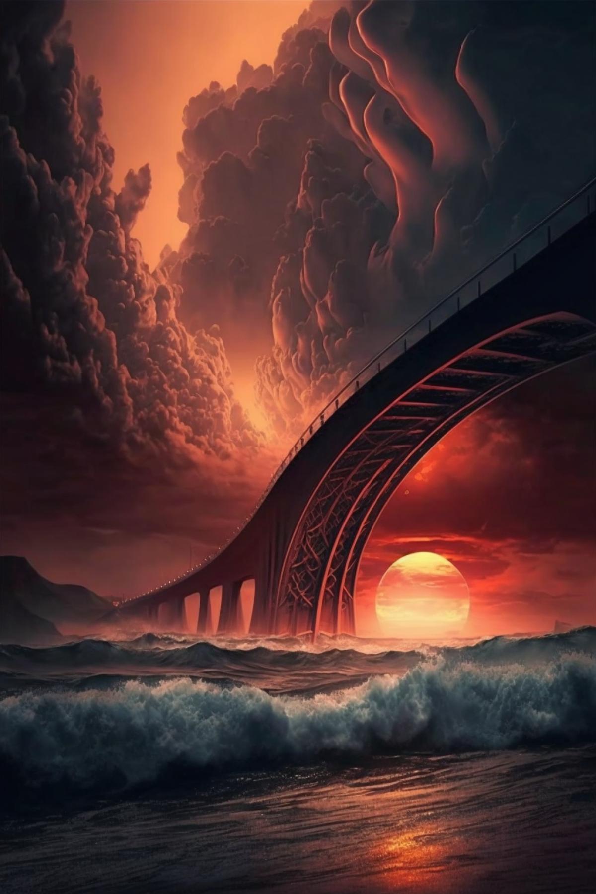 Photo of the scenery, this is the luxuryhai Bridge under the sunset, like a giant dragon, crossing the sea bridge, burning clouds, the sea, towering waves ar 2:3