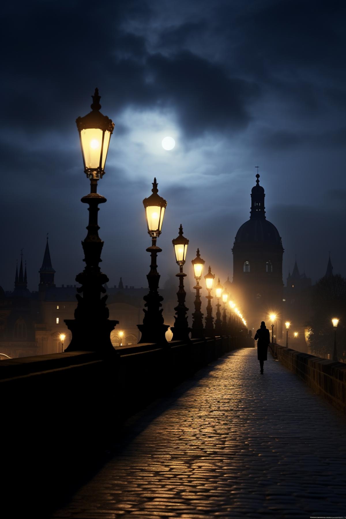 walking on Charles bridge prague its night time the moon light brushing the roof tops with soft light rays the bells ring at a distance as i take a moment to ponder, vivid, ultra details ar 1:2