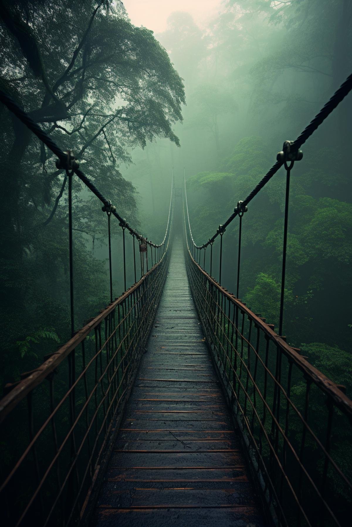 a suspension bridge in the jungle, nature photography, foggy, void, otherworldly, dreamy, aurora, 32k, ar 2:3