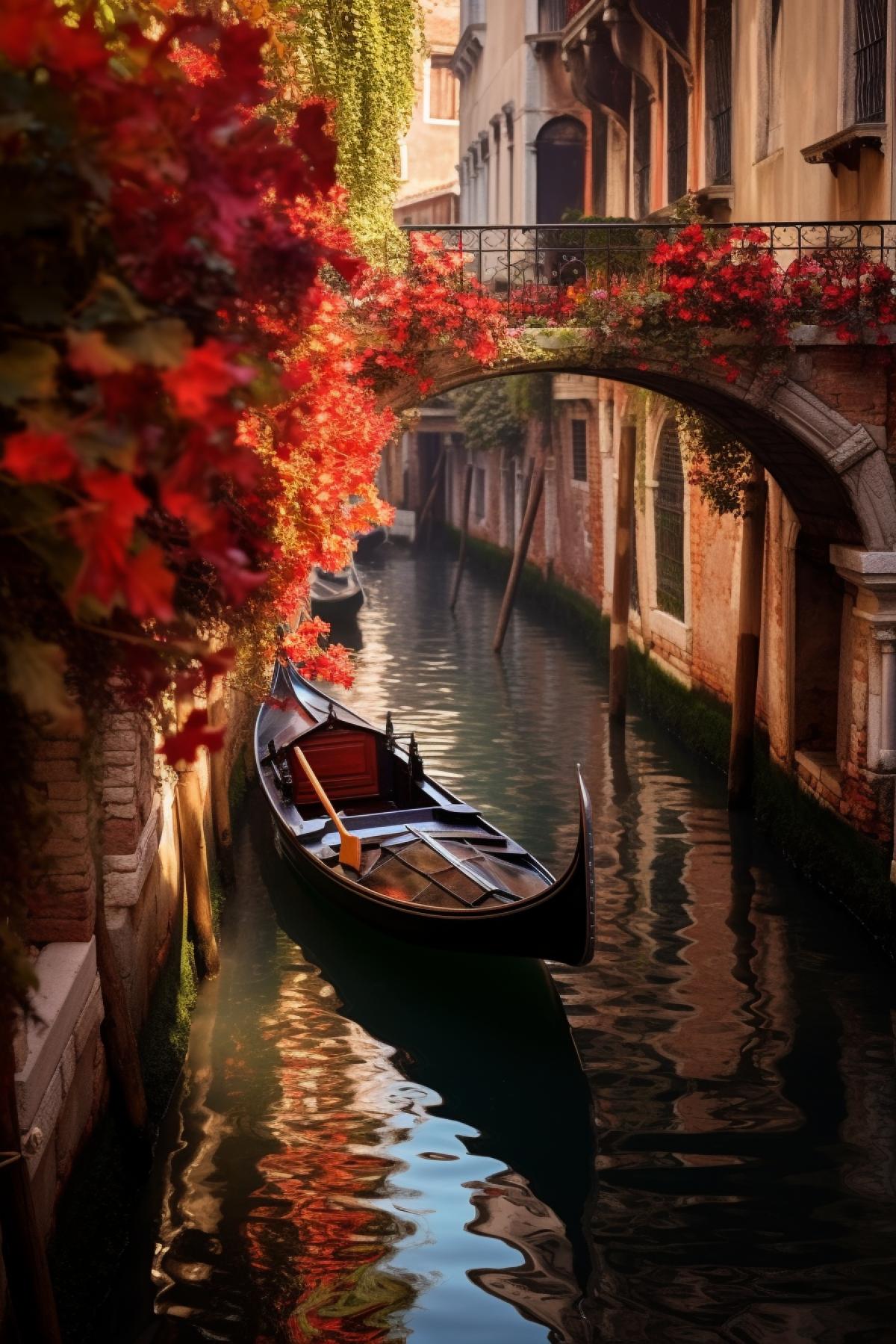 close up gondola in Venice under a bridge in autumn , tight water canal, growing vines with colorful flowers , cinematic, shade casting , blaze , photorealistic, intricate detailed, 8K