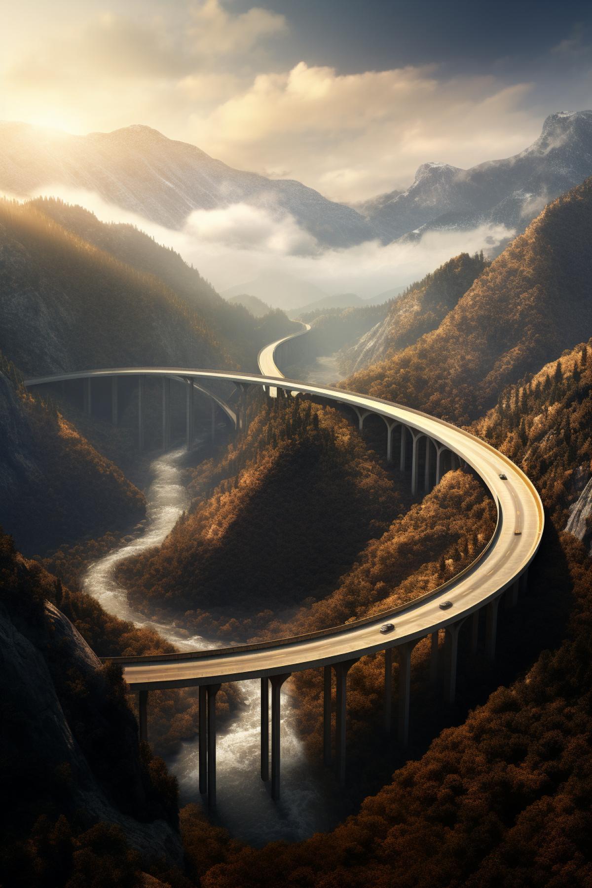 huge bridge winding path on mountain in autumn , water , dust , smoke trails , cinematic, shadow casting , blaze , photorealistic, symmetrical, concept architecture, intricate detailed, 8K