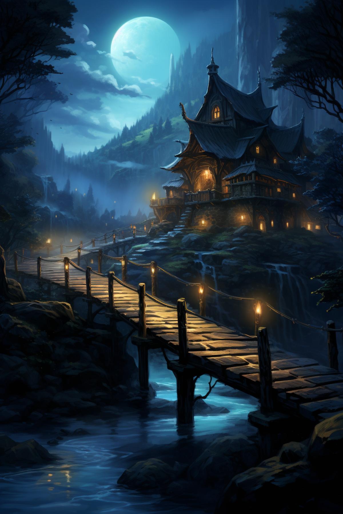 Bridge, Bridge-house, Village, steps, Medieval, Mystical, Lovely, cascading, water, fantasy, ethereal night sky, Winter, intricate detail, Dramatic lighting, Moonlight, torches, Concept art, Digital art, Studio Ghibli, Breath of the wild