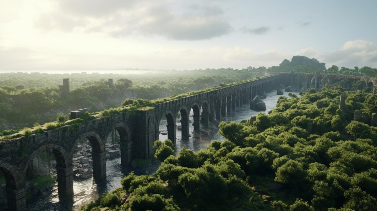 an elevated stone causeway bridge with evenly spaced watchtowers that towers above jungle canopy wide bridge broad bridge slightly overgrown caravans going along the causeway causeway goes off into the horizon wide angle sweeping cinematic epic photorealistic detailed ar Image
