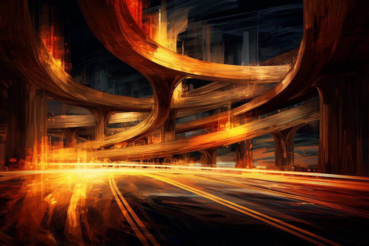 highways bridges as spaghetti meatballs entangled eerie sandu baciu style impressionist volumetric light Image