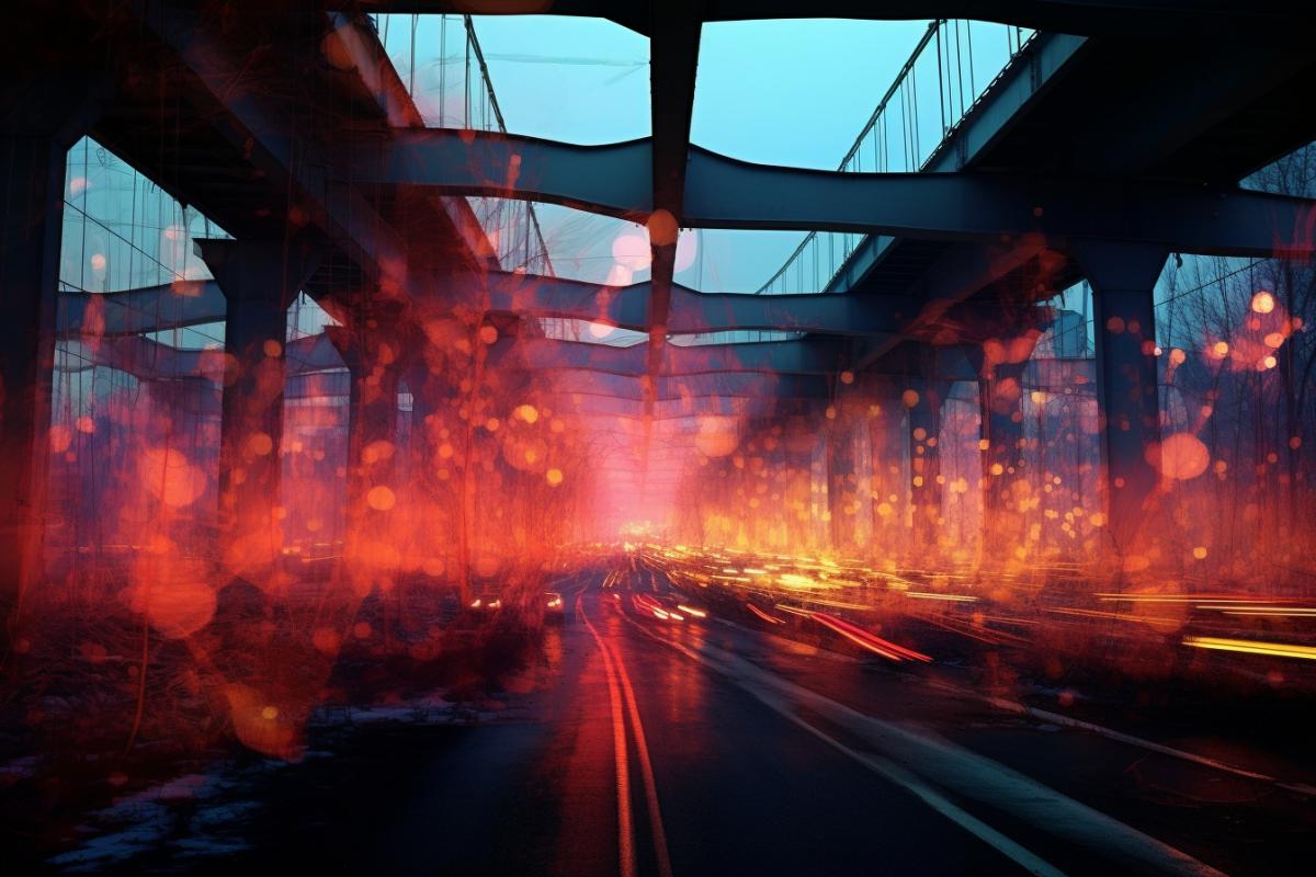 highways bridges as spaghetti meatballs entangled eerie sandu baciu style impressionist volumetric light Image