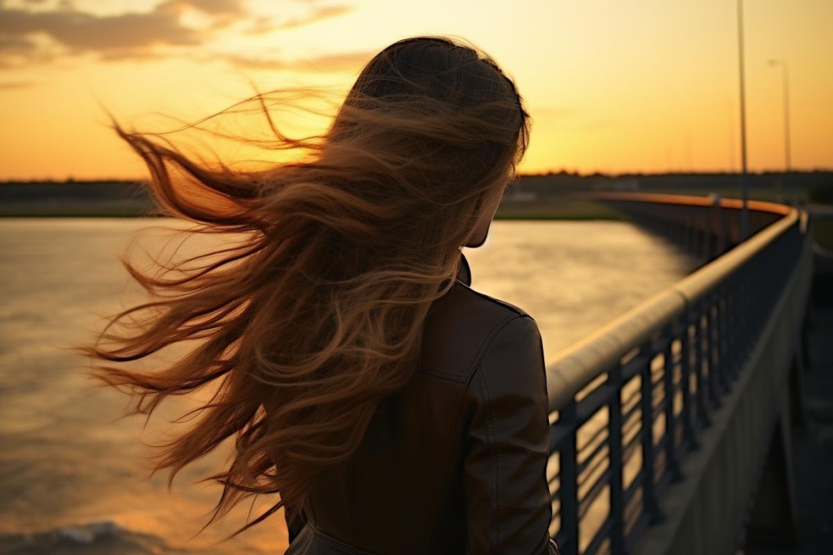 girl, wind, hair develops, from the back, sunset, bridge