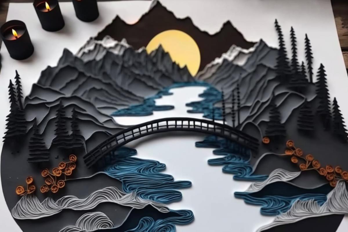 paper quilling. bridge over a stormy river in the mountains