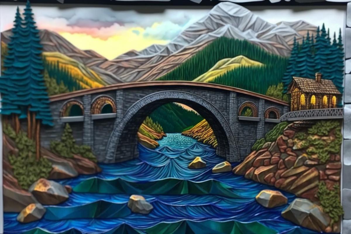 paper quilling. bridge over a stormy river in the mountains