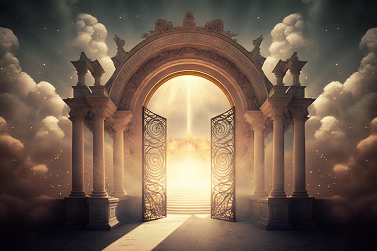 (Image) A vast celestial realm with shimmering gates leading to the afterlife. (5 descriptive keywords) Ethereal, transcendent, celestial, transition, eternal. (Camera type) Medium format. (Camera lens type) Wide-angle lens. (Time of day) Golden hour. (Photograph style) Surrealistic.
