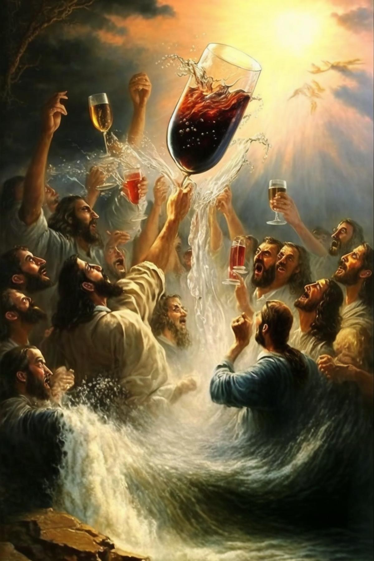 People in bible paradise drink wine and have fun