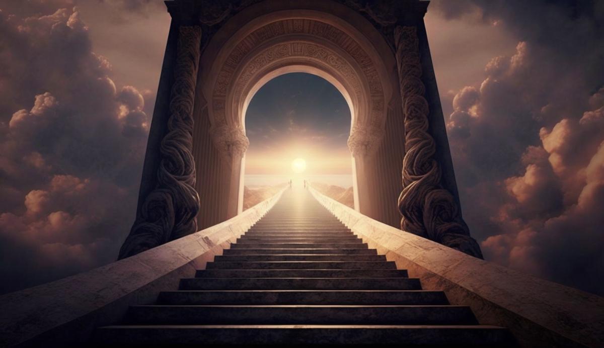 ) A celestial staircase ascending towards a radiant gateway, representing the ascent to the afterlife. (Keywords) Ascension, illumination, transformation, transcendence, eternity. (Camera type) Large format view camera. (Lens type) Telephoto lens. (Time of day) Sunset. (Photograph style) Dramatic lighting.