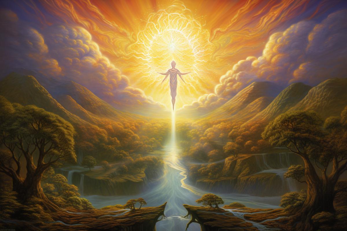 An ethereal landscape depicting the afterlife, bathed in soft golden light, with serene spirits peacefully ascending towards a radiant celestial realm, highly detailed, surreal, digital painting, art by Alex Grey, Boris Vallejo, and Michael Whelan, dreamlike, otherworldly, transcendent.