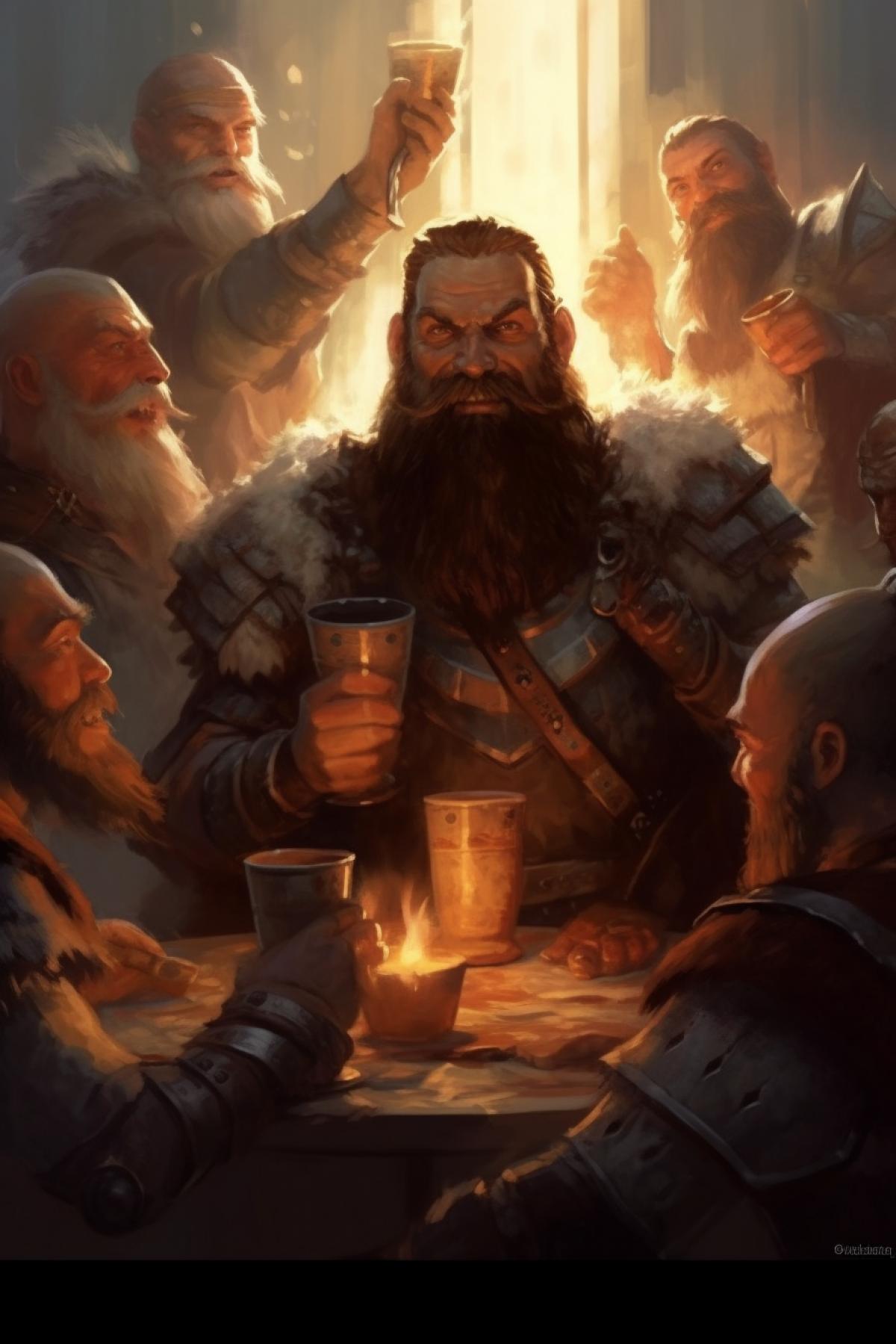 Vikings drink beer at a large table, have fun in Valhalla