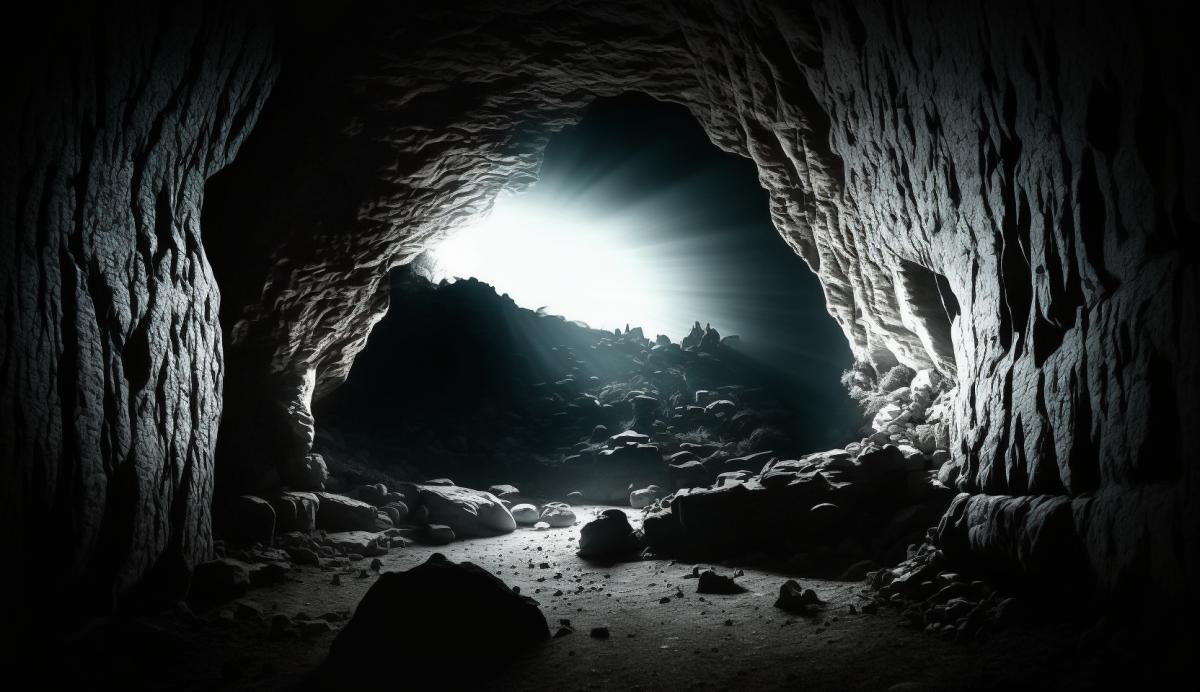 A mystical underworld with dark caverns and ethereal light piercing through, depicting the journey to the afterlife. (Keywords) Enigmatic, passage, shadows, transcendence, rebirth. (Camera type) Digital mirrorless camera. (Lens type) Wide-angle zoom lens. (Time of day) Night. (Photograph style) High contrast.