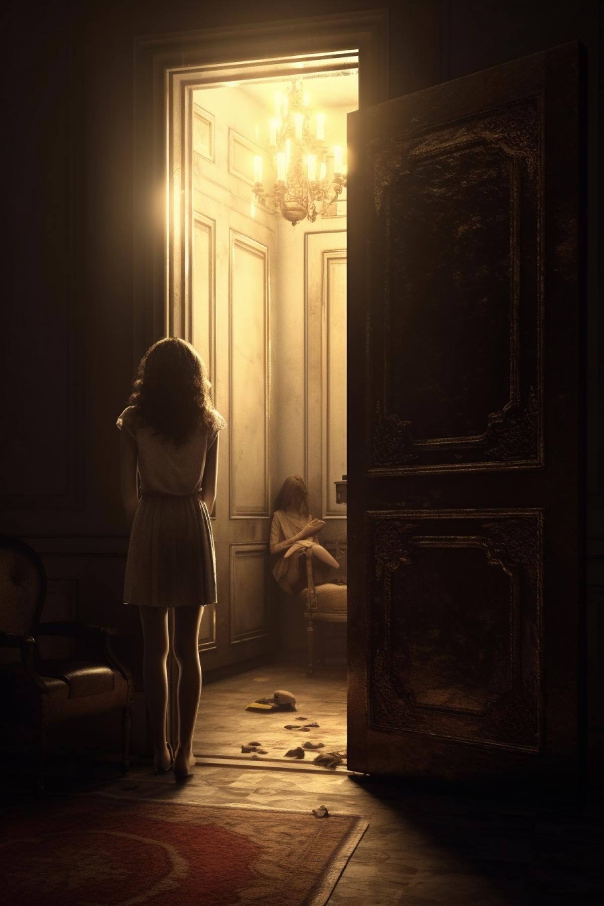Girl standing in a room, man sitting near the door to the room 3D visualization, hd