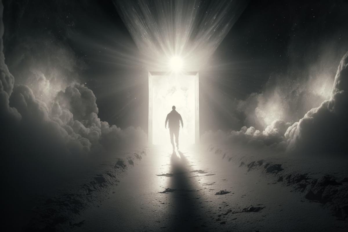 person walking along a celestial pathway, encountering divine beings and experiencing the mysteries of the afterlife. (Keywords) Discovery, encounter, transcendence, wonder, eternity. (Camera type) Digital SLR camera. (Lens type) Standard prime lens. (Time of day) Night. (Photograph style) Mystical realism.