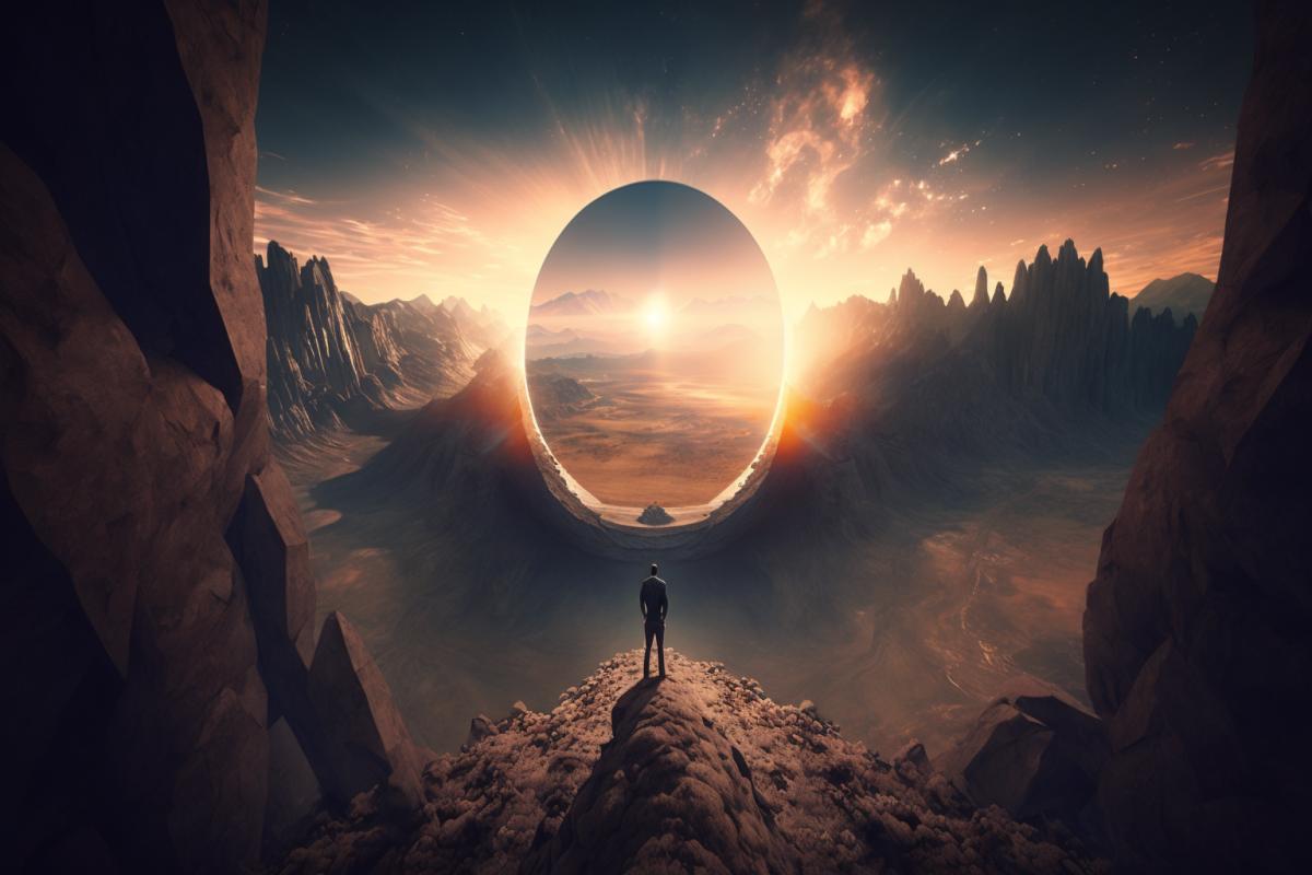 A person standing on the edge of a celestial mountain, overlooking the vast expanse of the afterlife realm, filled with awe and wonder. (Keywords) Ascension, enlightenment, perspective, transcendence, eternity. (Camera type) Large format view camera. (Lens type) Wide-angle lens. (Time of day) Sunset. (Photograph style) Majestic.