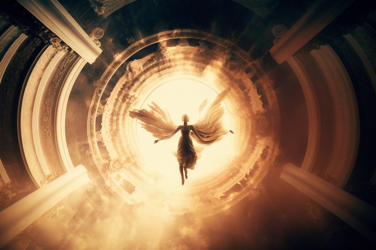 A person suspended in mid-air, surrounded by swirling ethereal energies and guided by angelic beings towards the gates of the afterlife. (Keywords) Ascension, awe, celestial, transcendence, eternity. (Camera type) Digital medium format. (Lens type) Wide-angle lens. (Time of day) Sunrise. (Photograph style) Dramatic