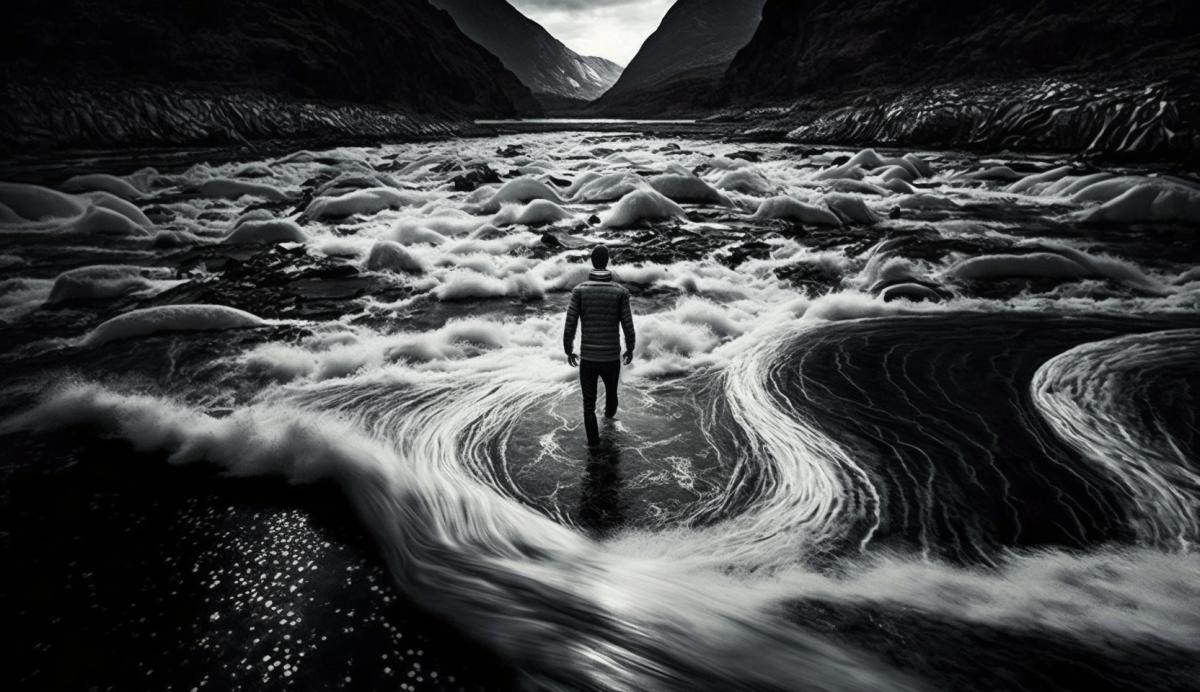 A person navigating a treacherous river of souls, with swirling currents and ghostly apparitions, symbolizing the challenges faced in the afterlife journey. (Keywords) Peril, transformation, uncertainty, transcendence, eternity. (Camera type) Digital mirrorless camera. (Lens type) Wide-angle zoom lens. (Time of day) Nightfall. (Photograph style) Surreal.