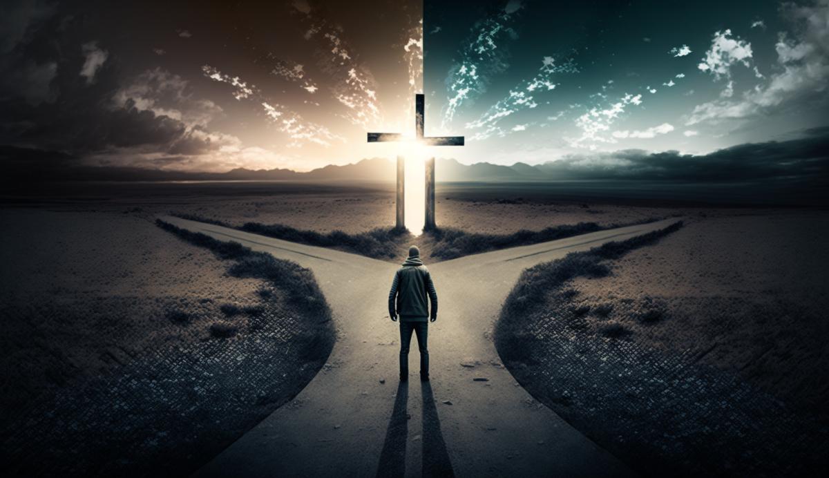 A person standing at the crossroads of the afterlife, torn between diverging paths that lead to different realms and destinies. (Keywords) Choices, fate, revelation, transcendence, eternity. (Camera type) Large format view camera. (Lens type) Standard prime lens. (Time of day) Twilight. (Photograph style) Mysterious.