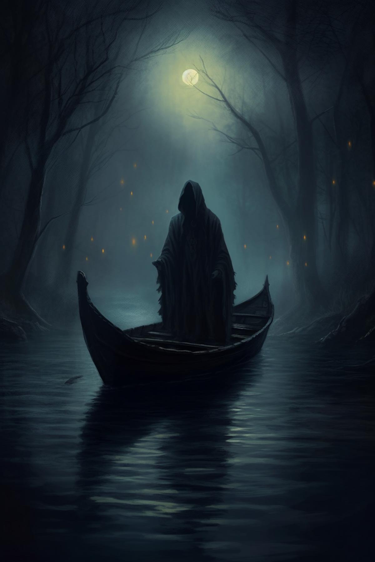 A man in a dark cloak and hood stands in a boat, ghosts flying, night, dark river