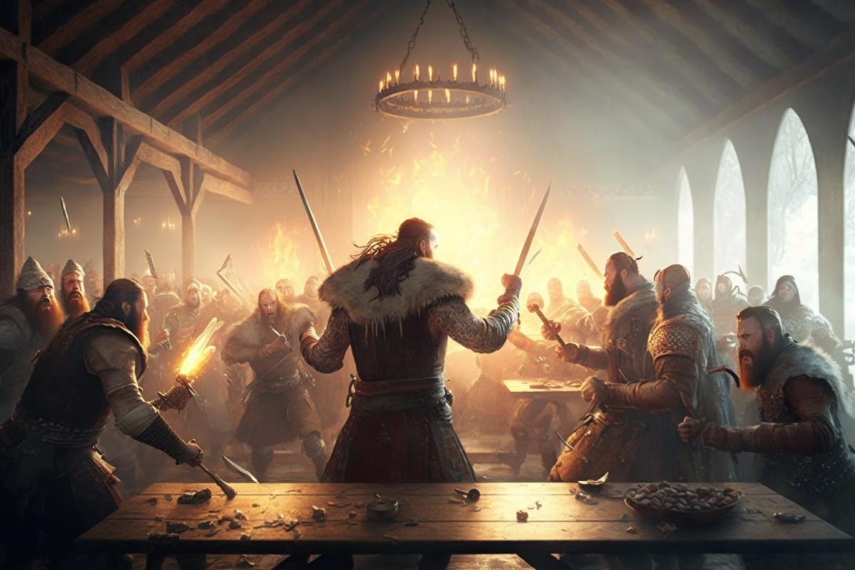 Vikings joyfully fight with swords in Valhalla, in the great hall