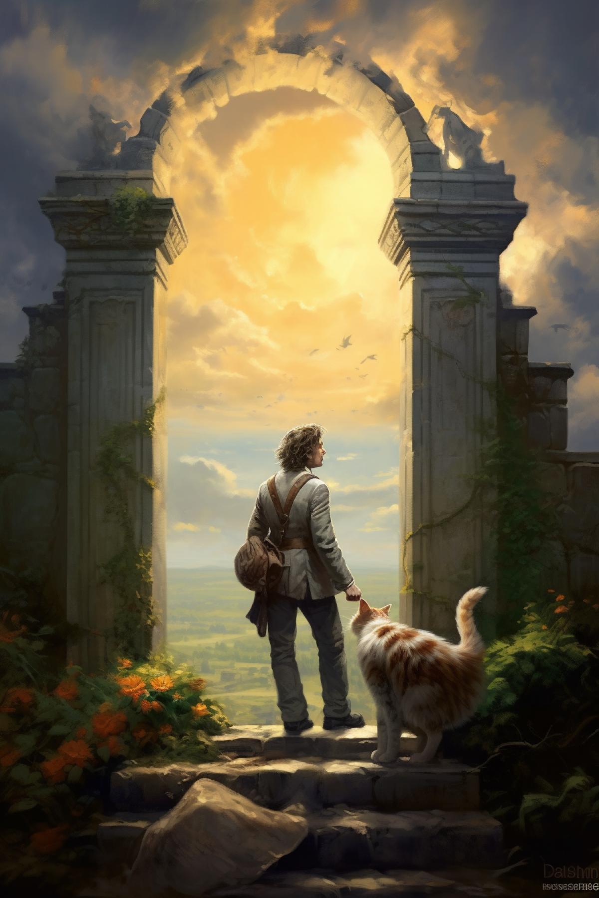 A man meets his cat at the gates of heaven, a joyful meeting