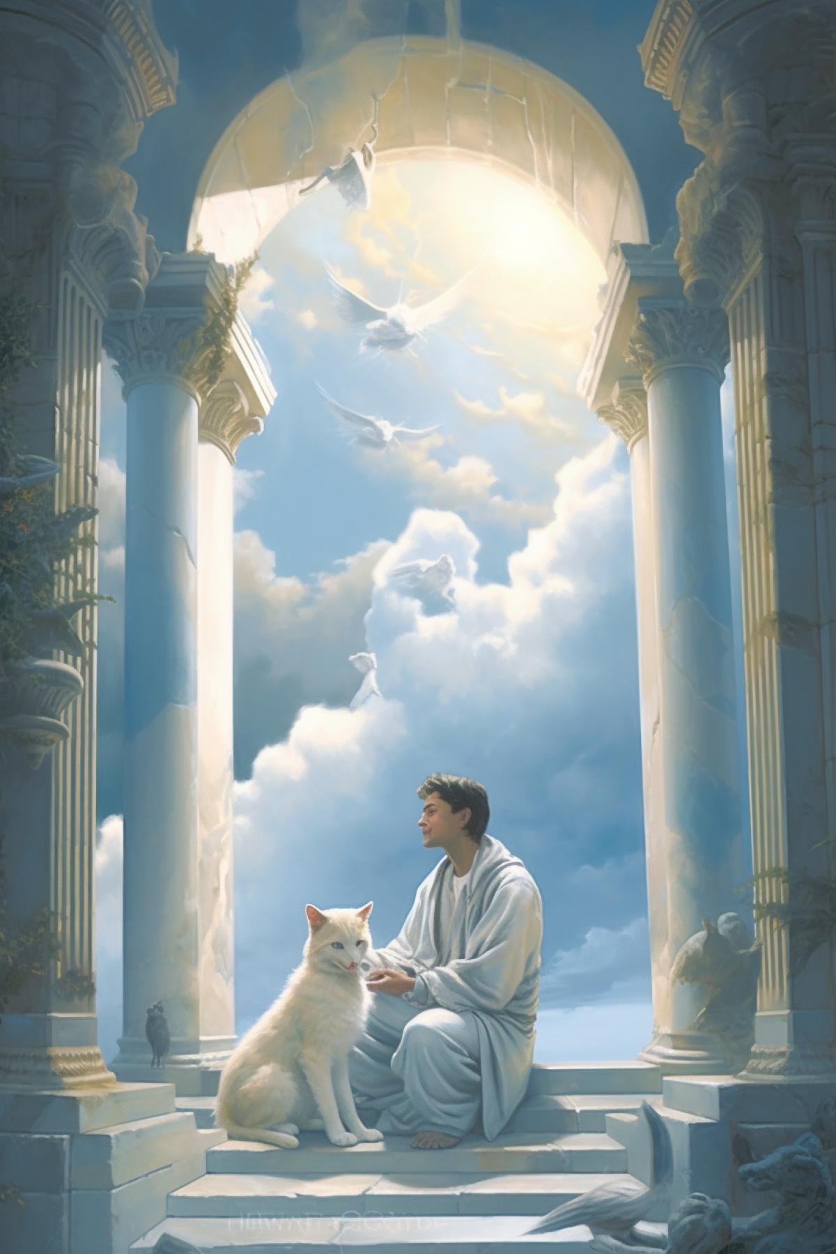 A man meets his cat at the gates of heaven, a joyful meeting