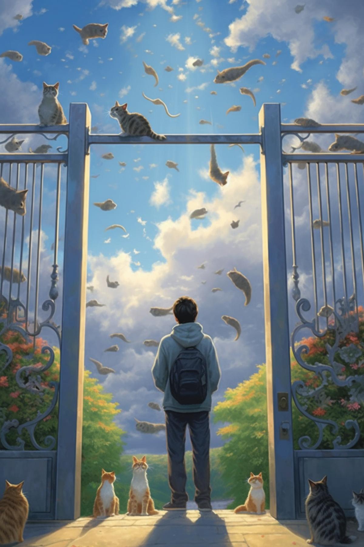A man meets his cat at the gates of heaven, a joyful meeting