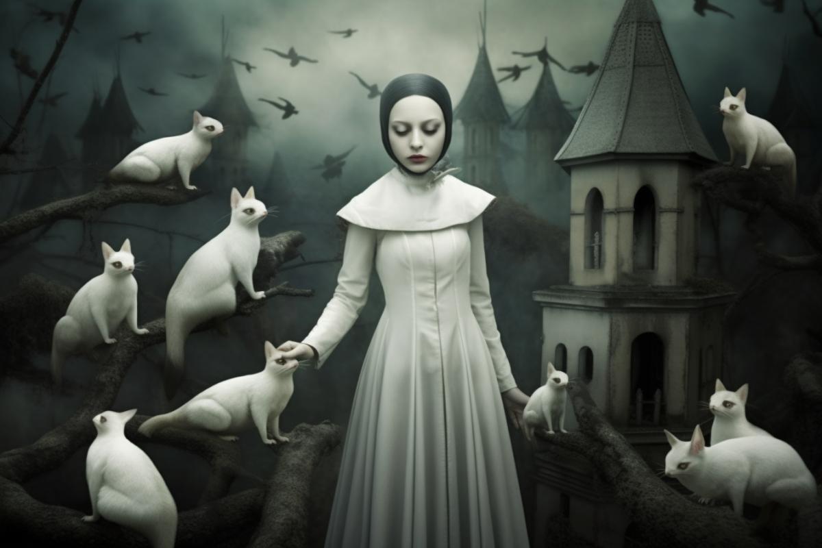 Flying ghosts in the cemetery scare the white kitten, gothic