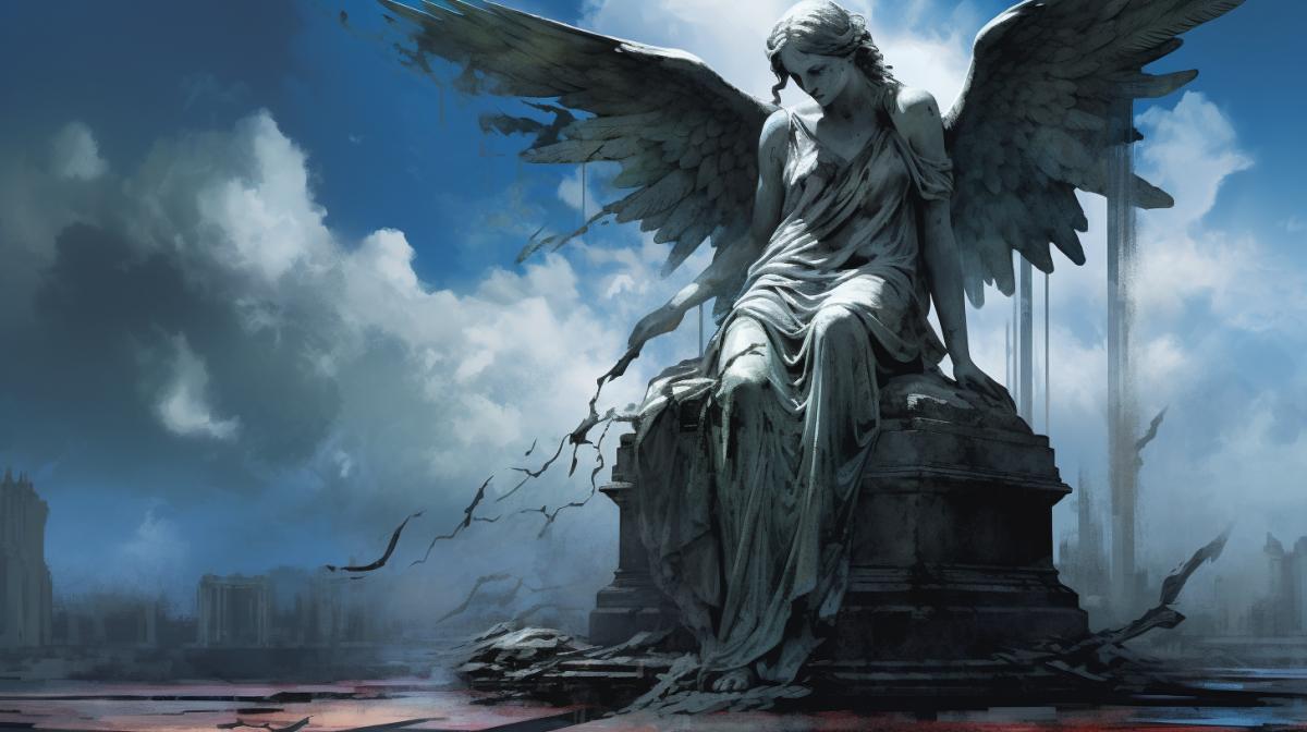 statue with a weeping angel, against the sky, day, CG art speed paint