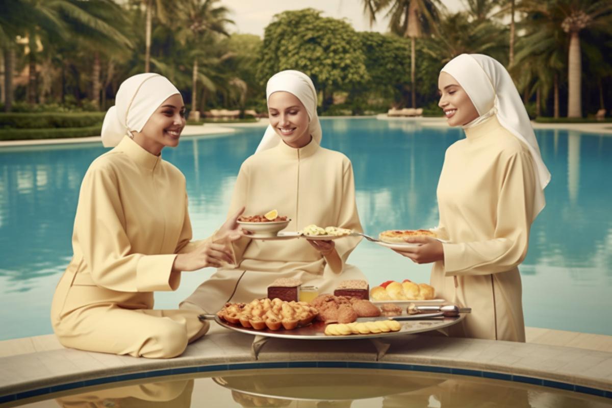 Muslims in a Muslim paradise, delicious treats, smiles and relaxation in a golden palace