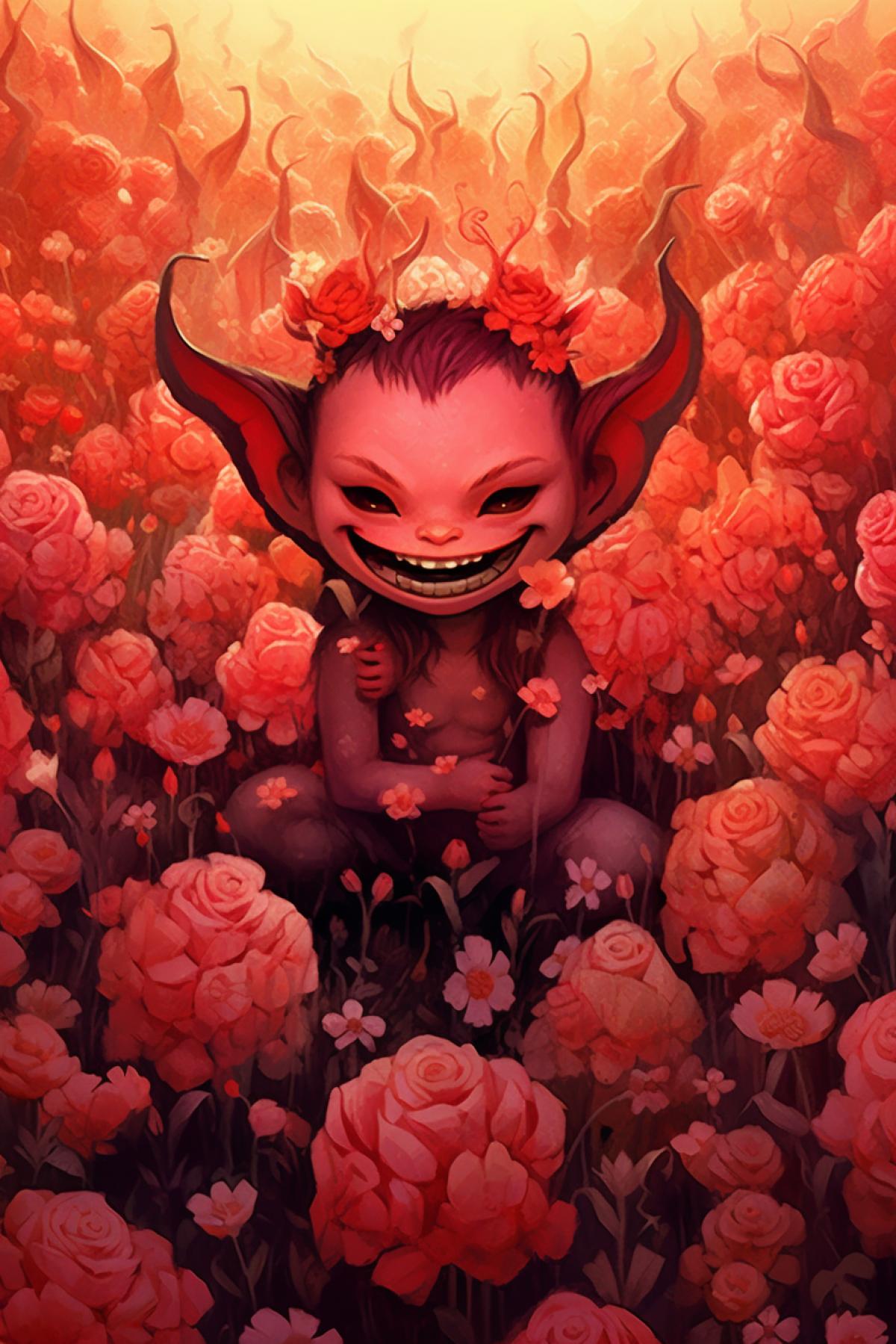 Cute kind little devil in flowers, friendly cartoon