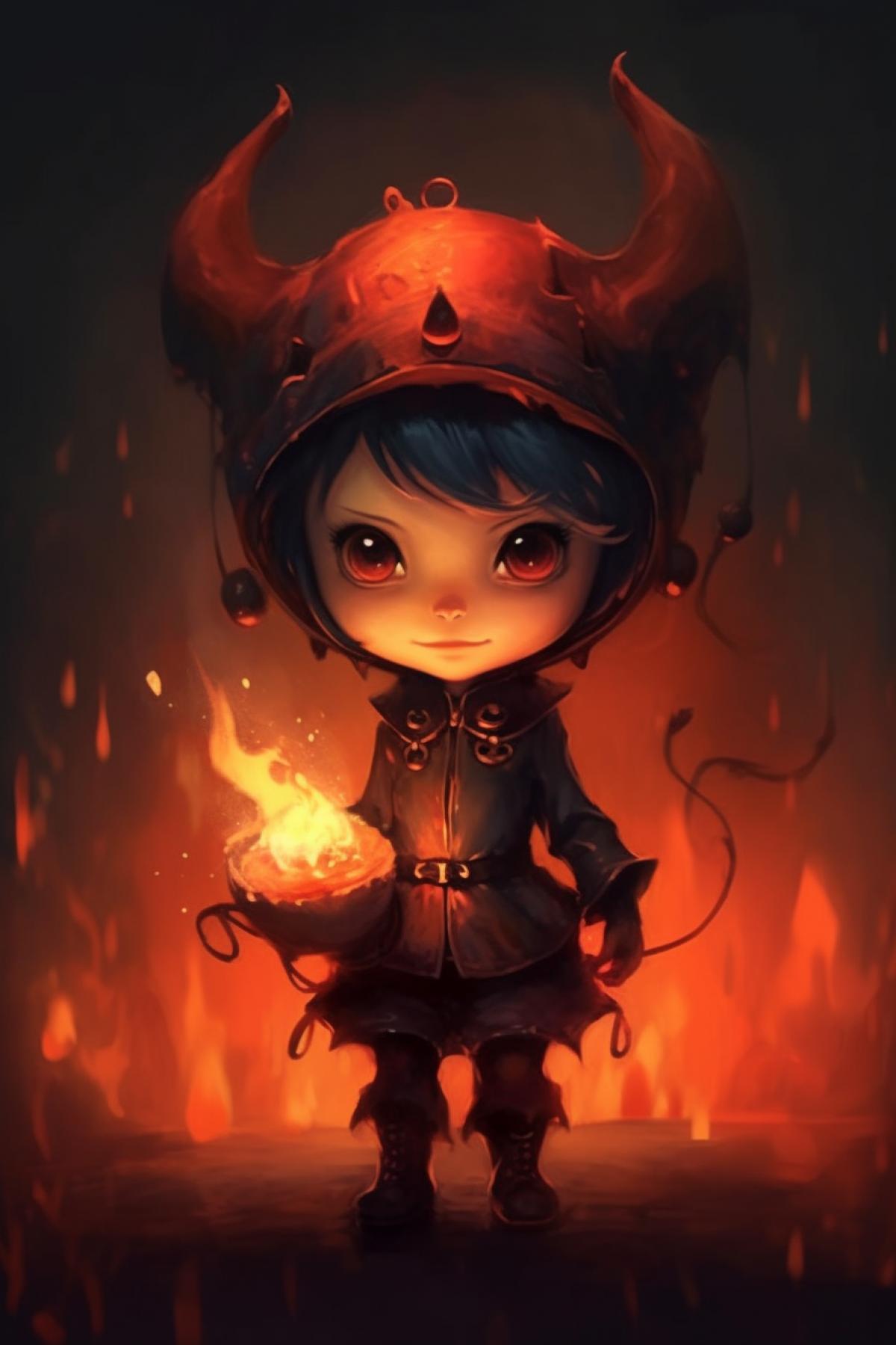 Cute kind little devil in fire, gothic