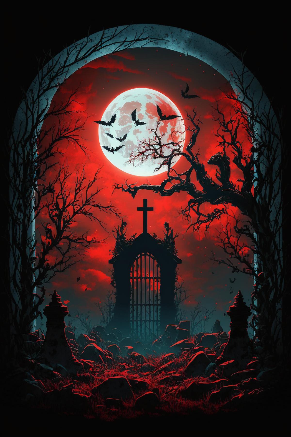 red glow breaks out from under the gravestone in the cemetery, night, full moon in the sky, gloomy atmosphere