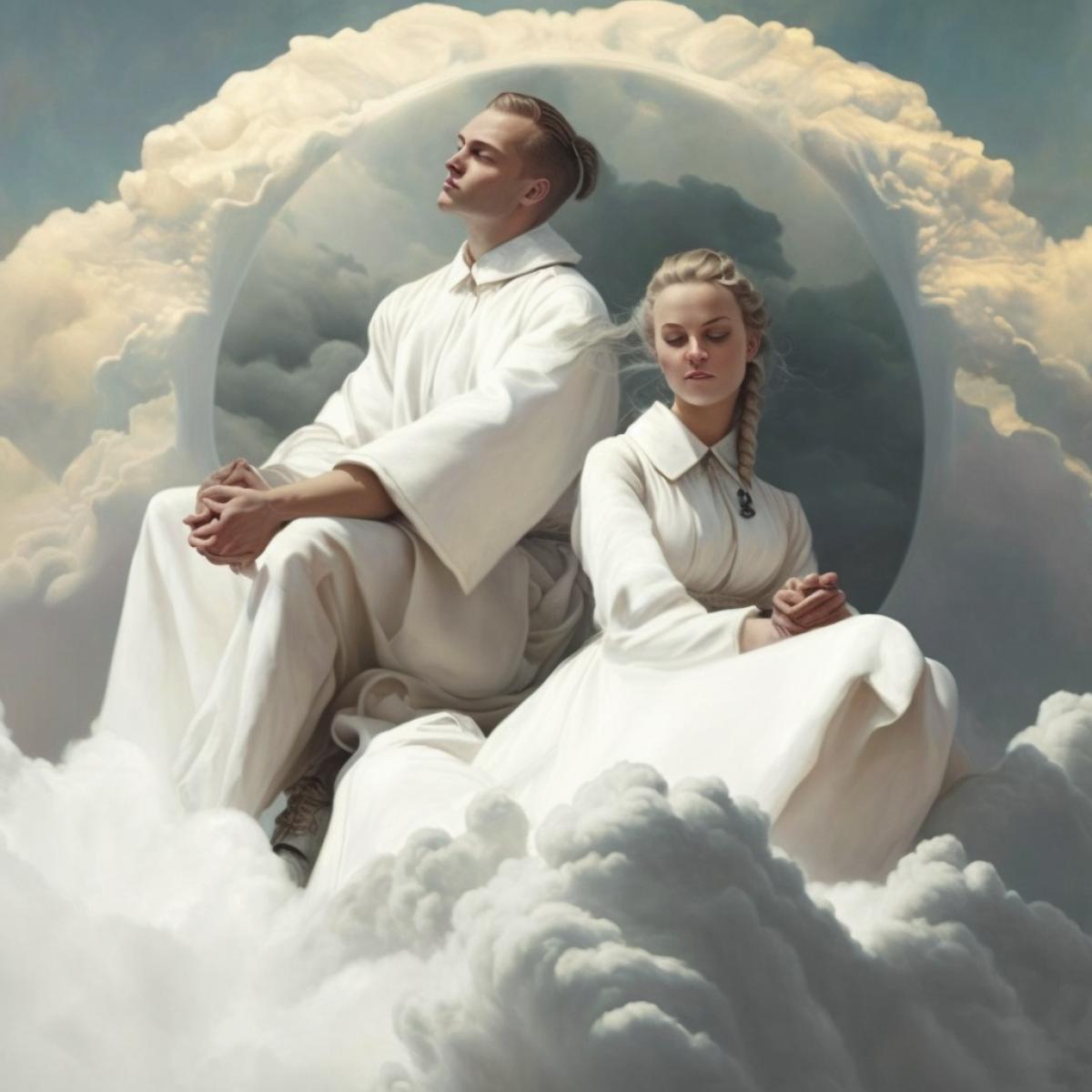 A man and a woman in white robes sit on a cloud with their legs dangling and holding hands.