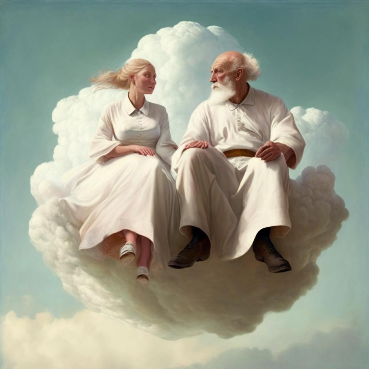 A man and a woman in white robes sit on a cloud with their legs dangling and holding hands.